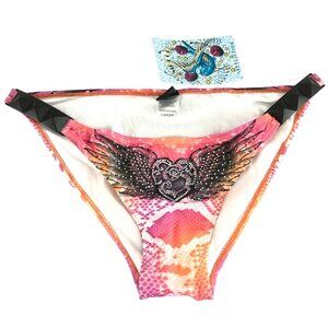 Sinful by Affliction Bikini Bottom Studded Wings Heart Snake Rhinestone Pink L